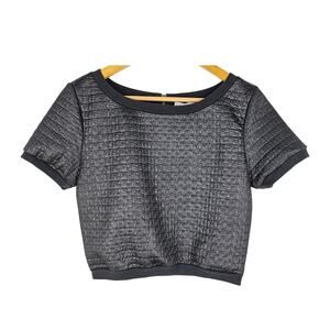 LEITH BLACK WOVEN SHORT-SLEEVE TOP – SIZE XS – TEXTURED FABRIC – FULL ZIP BACK